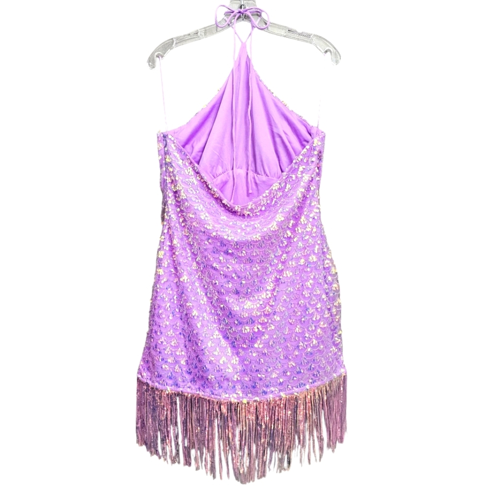 Nwt Fashion Nova Lavender Iradecent Sequin Vitamin Sea Halter Fringed Mini Dress - Picture 14 of 17